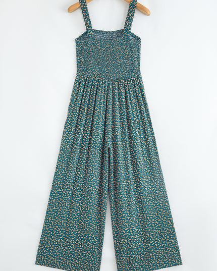 Green Floral Print Smocked High Waist Square Neck Jumpsuit