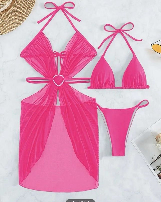 3pcs Halter Neck Bikini Beach Summer Solid Color Split Swimsuit Womens Clothing