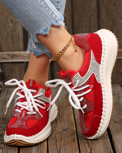 White Rhinestone PU Leather Platform Casual Sneakers