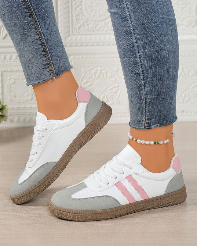 Pink striped sneakers, white lace up shoes by Shewin, Women's casual fashion footwear, patchwork sneakers, pink & grey trim
