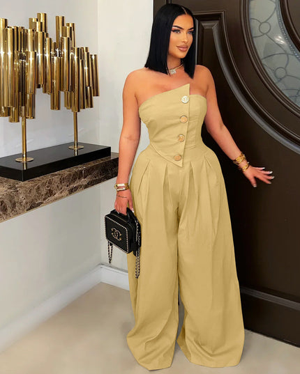 Sexy Tube Top Sleeveless Metal Button Wide Leg Jumpsuit
