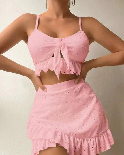 3pcs Beach Bikini With Hip-hugging Skirt Fashion Ruffle Design Swimsuit Set Summer Womens Clothing