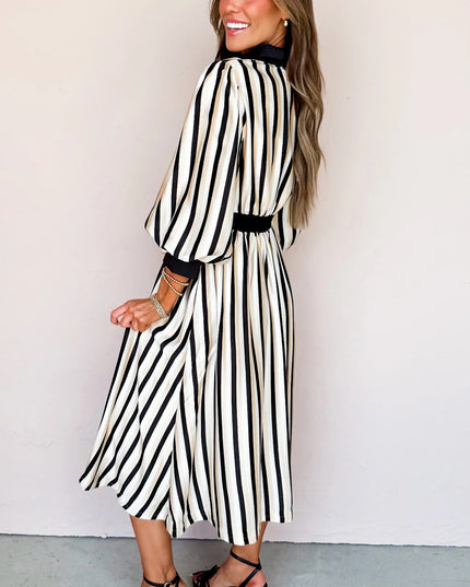 Black Stripe 3/4 Puff Sleeve Shirt Style Button Down Midi Dress