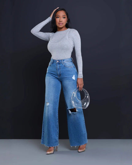Women's Ripped High Waist Loose Straight Wide Leg Jeans