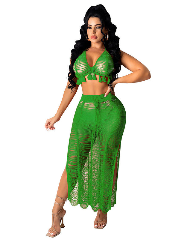 See-through Tassel Knitted Beach Skirt Suit