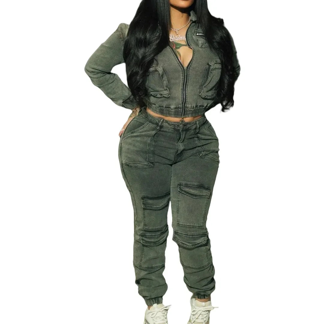 FAGADOER Denim Two Piece Set: Y2K Crop Jacket & Cargo Pocket Jeans Outfit for Women - Streetwear Fashion