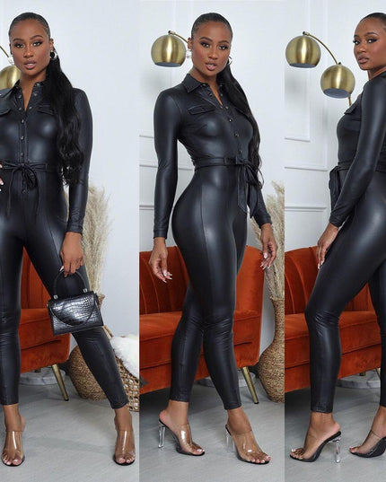 Winter PU Buckle Belt Jumpsuit For Women