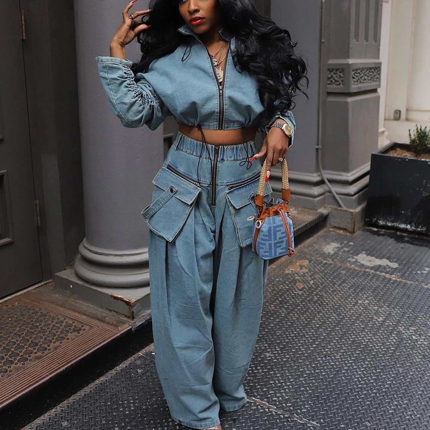 Denim Two Piece Set: Y2K Streetwear for Women - Jacket & Wide Leg Pants by Pretty Melanin Boutique #denim #streetwear #twopiece