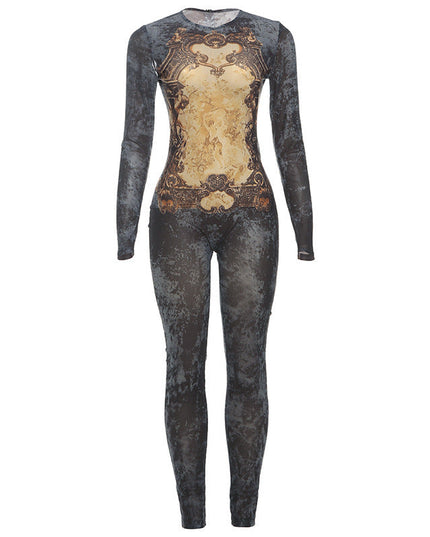 Women's Printed Sexy Mesh High Waist Slim-fit Zipper Long-sleeved Jumpsuit