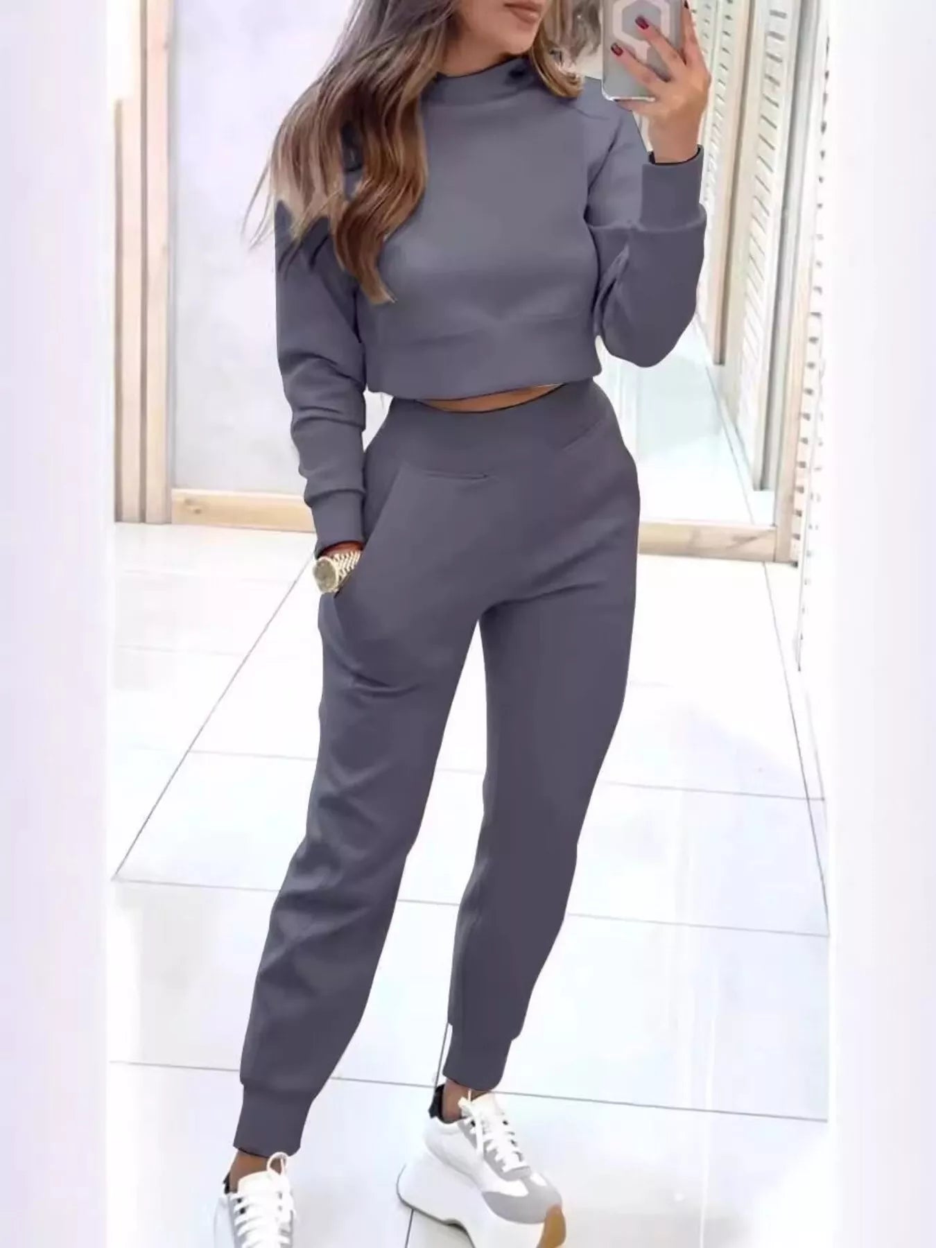 Gray Cropped Sweatshirt & Jogger Set | Women's Athleisure Loungewear Matching Outfit | Pretty Melanin Boutique