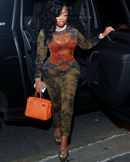 Women's Printed Sexy Mesh High Waist Slim-fit Zipper Long-sleeved Jumpsuit