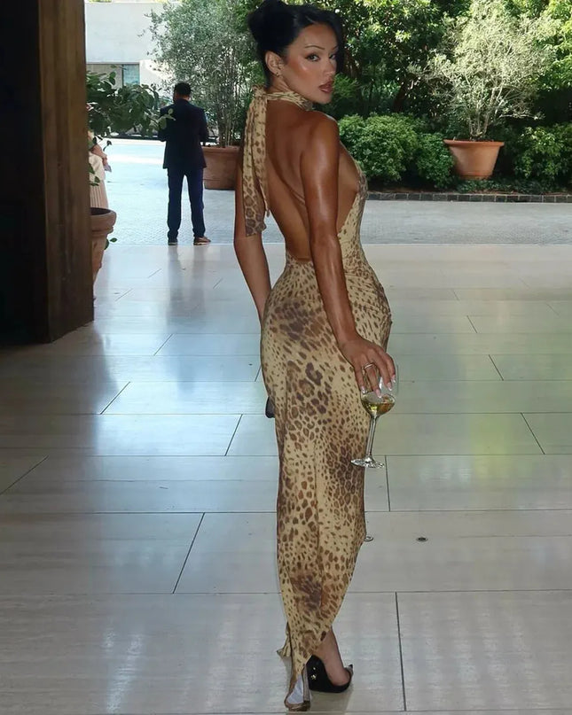 Bengal Beauty Leopard Print Backless Maxi Dress