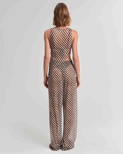 Women's Sleeveless Diagonal Stripes See-through Irregular Top Suit