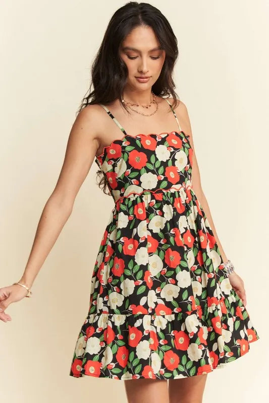 DAVI & DANI Floral Mini Dress: Scalloped Edge, Cutout Back - Summer Fashion