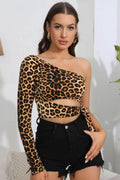 Bona Fide Fashion - Leopard Cutout One-Shoulder Cropped Top - Women Fashion