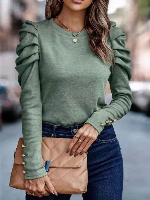 Bona Fide Fashion - Round Neck Puff Sleeve Blouse - Women Fashion