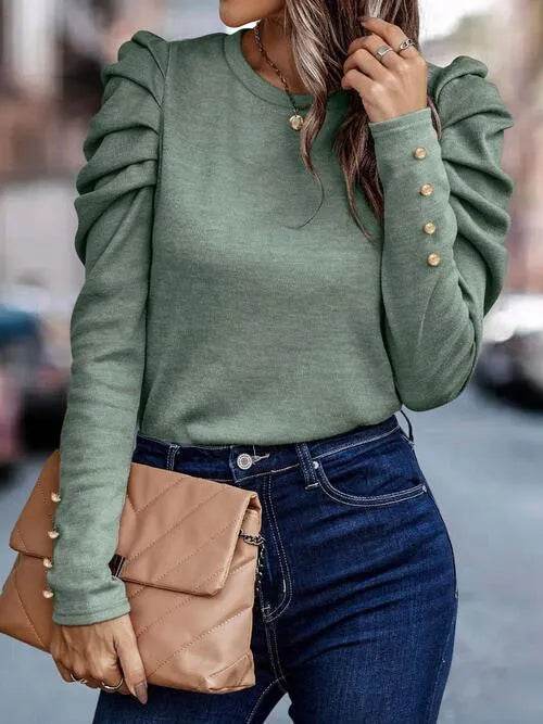 Bona Fide Fashion - Round Neck Puff Sleeve Blouse - Women Fashion