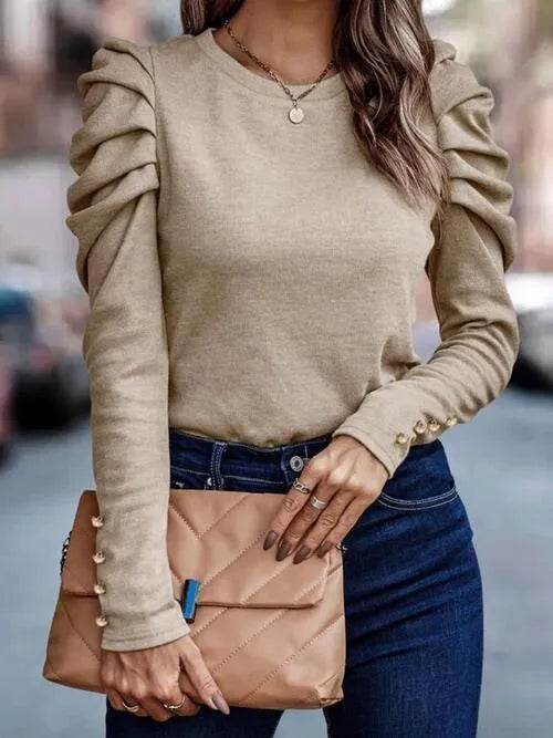 Bona Fide Fashion - Round Neck Puff Sleeve Blouse - Women Fashion