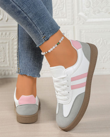 Pink Striped Patchwork Sneakers: Stylish women's lace-up shoes by Shewin, comfortable PU leather casual footwear.