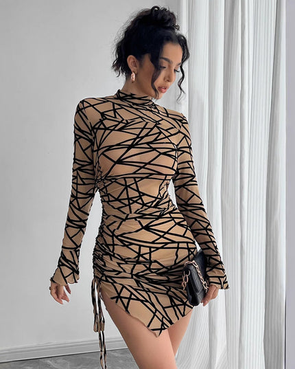 Slim-fit Side Drawstring Stand-up Collar Long-sleeved Irregular Short Dress
