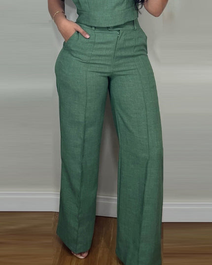 Summer Sleeveless Suit Fashion Round Neck Vest Top And Pocket Straight Pants Casual Trousers Set For Women Clothing