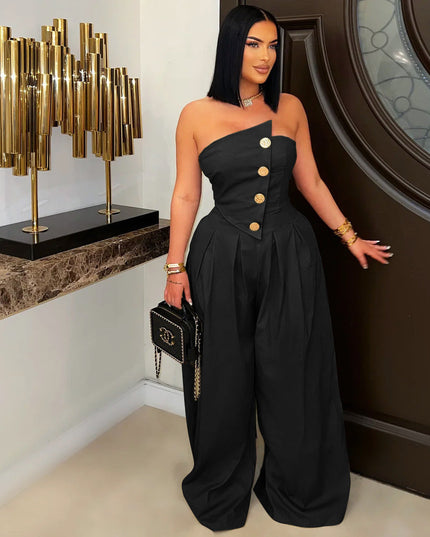 Sexy Tube Top Sleeveless Metal Button Wide Leg Jumpsuit