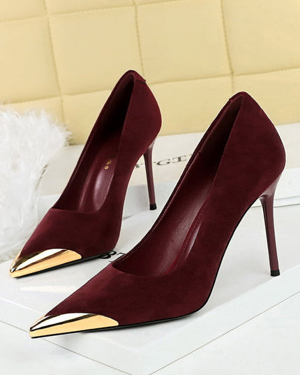 Burgundy Suede Stiletto Heels with Gold Toe Cap - Women's Pointed Toe High Heels