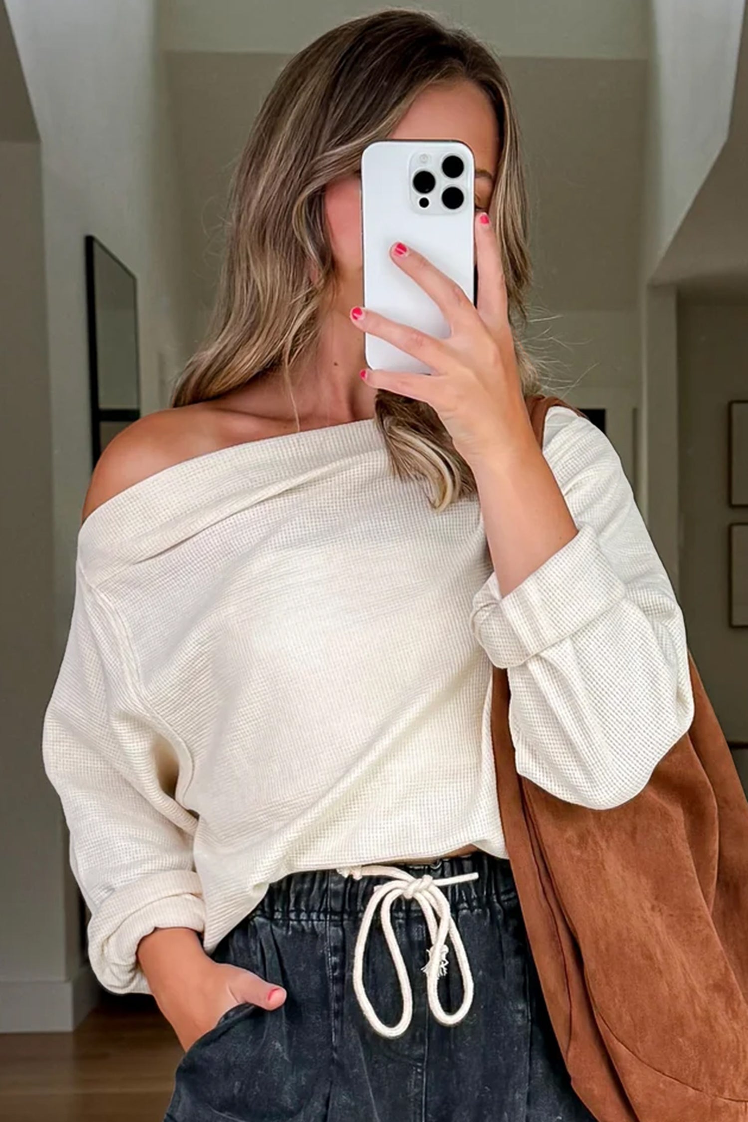 Beige Waffle Knit Top, Asymmetric Neck, Long Sleeve, Drawstring Pants Selfie