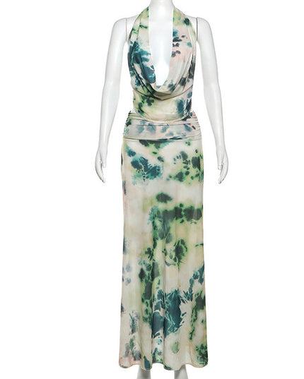 2pcs Tie Dye Printing Deep V-neck Suits Fashion Halter Backless Skirt For Beach Party Womens Clothing