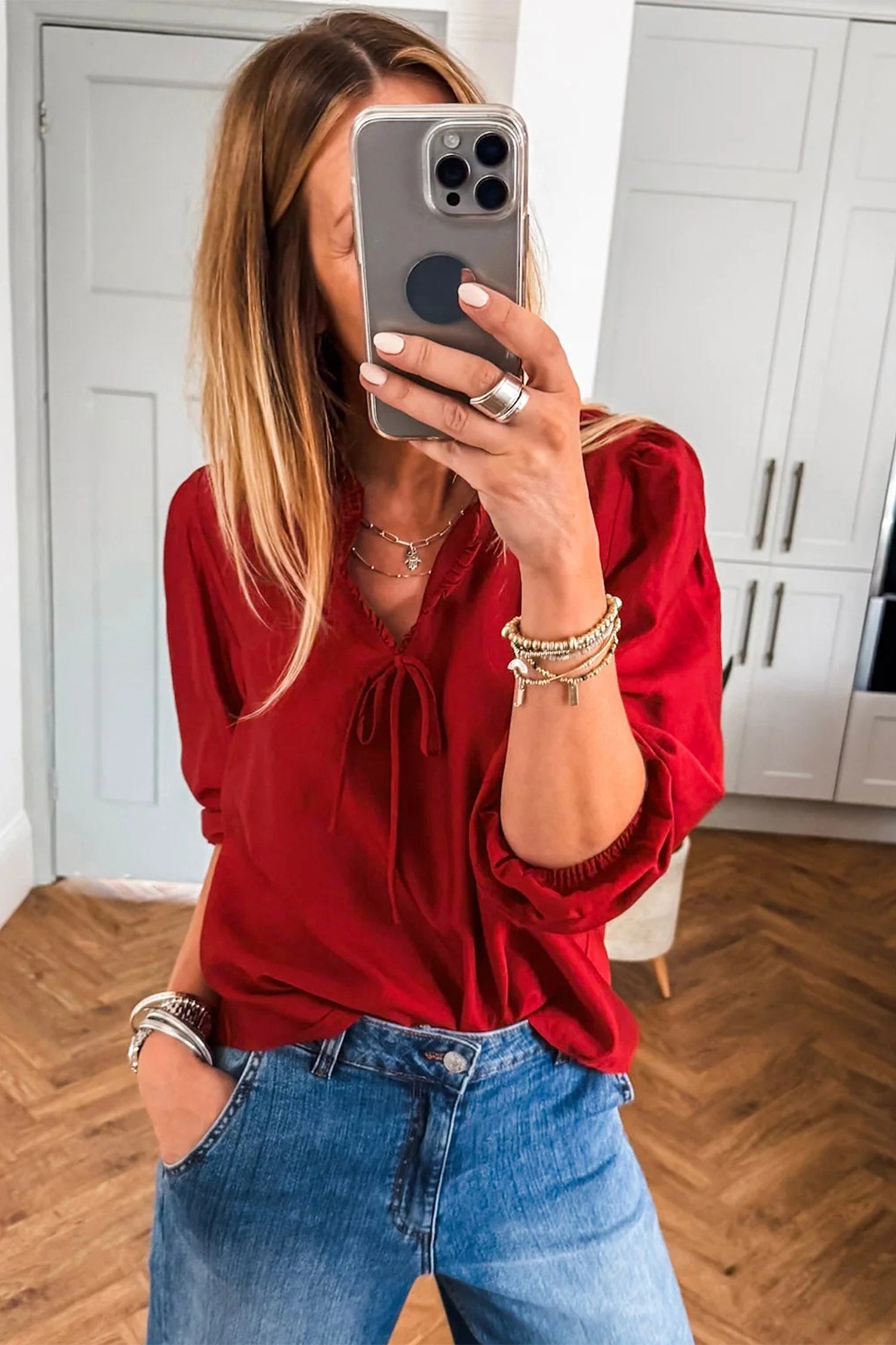 Red Tie-Neck Blouse: Stylish Woman in Pretty Melanin Boutique Frilled 3/4 Sleeve Top