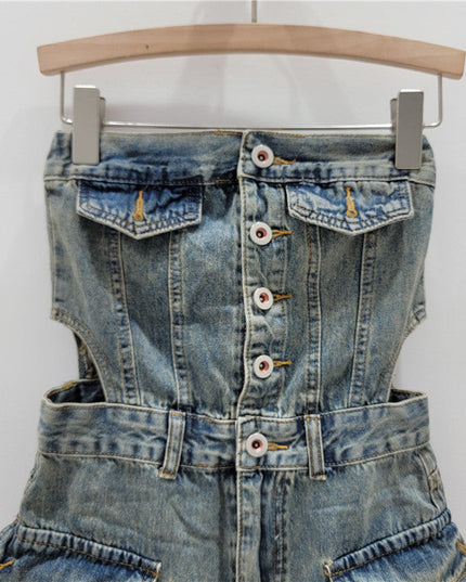 Hot Girl Breasted Hollow-out Midriff Tube Top Cowboy Siamese Shorts For Women