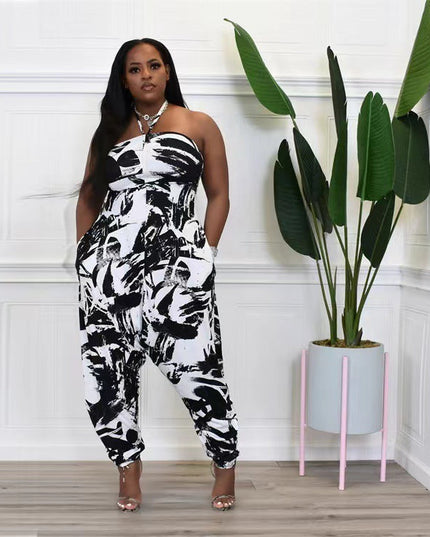 Plus Size Women's Halter Loose Lantern Sleeveless Print Jumpsuit