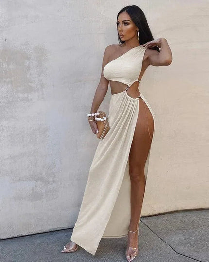 Castaway Asymmetric Cut Out High Split Maxi Dress