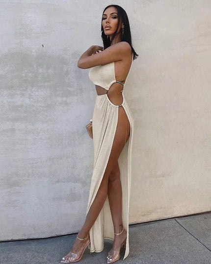 Castaway Asymmetric Cut Out High Split Maxi Dress