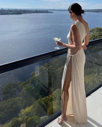 Castaway Asymmetric Cut Out High Split Maxi Dress
