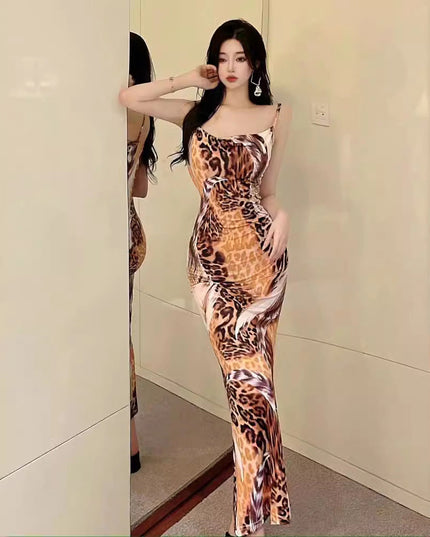 Women's Sleeveless Leopard Print Slim Fit Hip Spaghetti Straps Dress