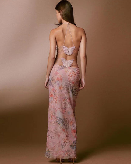 Floral Print Halter Spaghetti Straps Dress Sexy Slim Butterfly Back Dressess Spring Summer Womens Clothing
