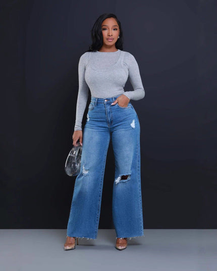 Women's Ripped High Waist Loose Straight Wide Leg Jeans
