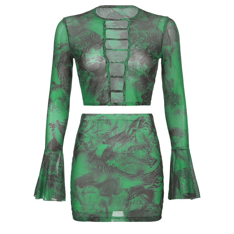 Bell Sleeve Cut out Top Mini Skirt set