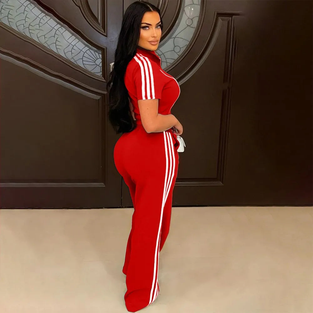 Stylish Woman in Red Striped Tracksuit - Fashion Two-Piece Set