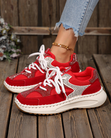 White Rhinestone PU Leather Platform Casual Sneakers