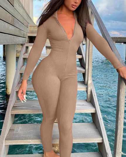 Casual Ribbed Zip-up Jumpsuit Long Sleeves