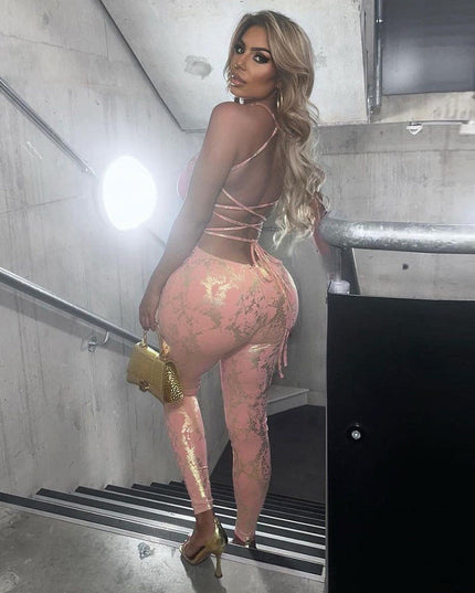 Sleeveless Backless Sexy Hot Girl Style Strap Metallic Gloss Jumpsuit