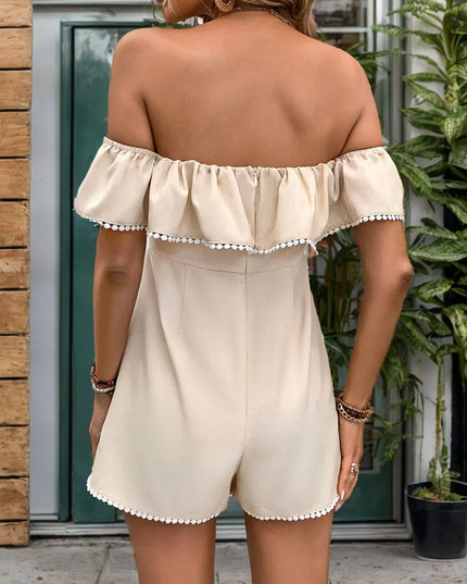Off-Shoulder Romper: Beige Ruffled Pom Pom Jumpsuit for Women