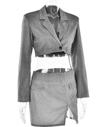 V-neck Long Sleeve Shiny Top Skirt Two-piece Suit