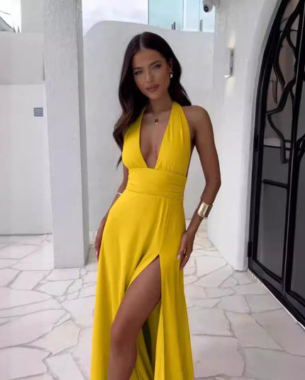 Spring New Women's Style Hanging Neck V-neck Slit Long Solid Color Dress