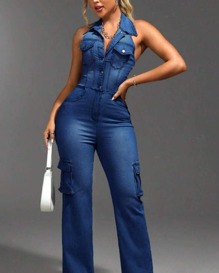 Tight Waist Slim High Elastic Wash Denim Jumpsuit