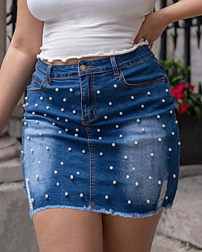 Plus Size Pearl Embellished Denim Skirt See size chart under “more details”
