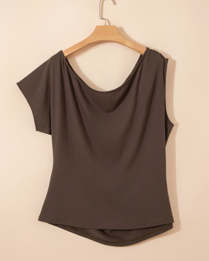 Coffee Plus Size Solid Color Asymmetric Neck Short Sleeve Blouse