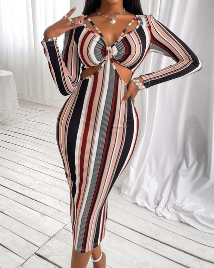 Women's Wrap Chest Striped Long Sleeve Dress